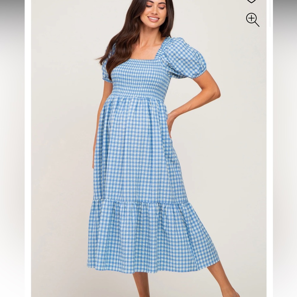 Blue Gingham Smocked Maternity Midi Dress. From Pink Blush!